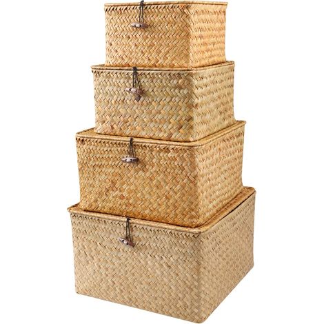 Lot de 4 paniers de rangement en osier avec couvercles - Paniers tissés en jonc de mer pour étagères - Boîtes de rangement empilables pour organiser les bacs en rotin (naturel) (1/5)