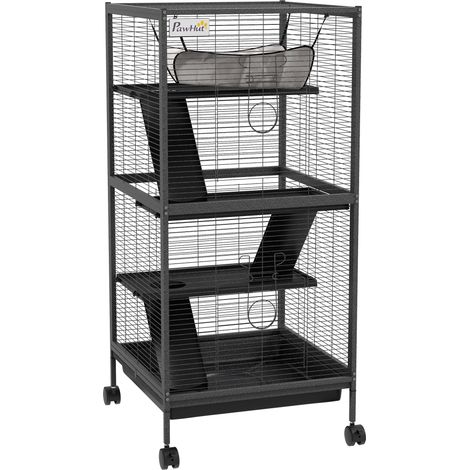Cage pour cochon d'Inde et chinchilla en acier 3 étages avec roues et bac amovible gris 52x52x113.5 cm (1/5)