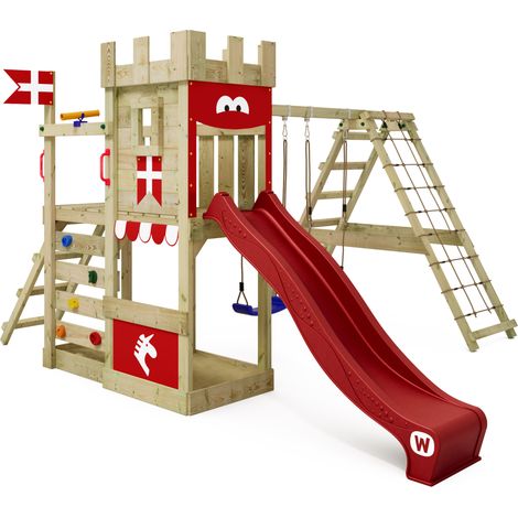 Wickey Parque infantil de madera DragonFlyer con columpio y tobogán Torre de escalada de exterior con arenero y escalera para niños - rojo (1/5)