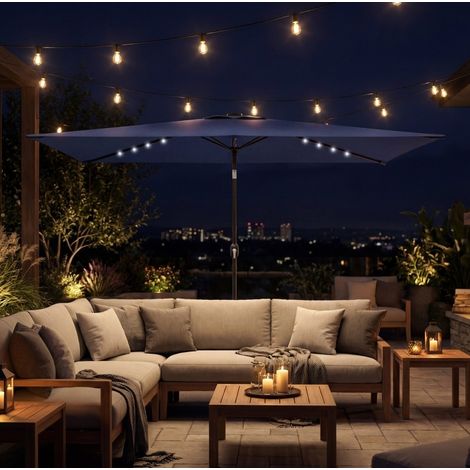 Parasol LED solaire 24 lampes, inclinable, bleu HAVRYA (1/3)