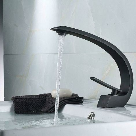 Basin Faucet, Brass Single Hole Basin Mixer Tap, Modern Bathroom Faucet Matte Black Finish, Hot and Cold Water Available (1/5)