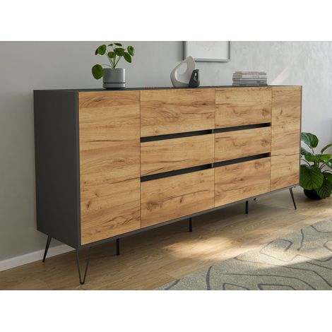 Sideboard Kommode Yako 200cm Greifraum 6 SoftClose 2 Türen Grafit/Eiche Front (1/5)