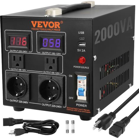 VEVOR 2000W Spannungswandler Transformator AC 110V⇋220V Transformer Wandler 2x US NEMA 5-15R 3-polige/2x standardmäßige europäische Shucko-Ausgangssteckdosen, 1x 5V-USB-Anschluss, 1x Typ-C-Buchse (1/5)