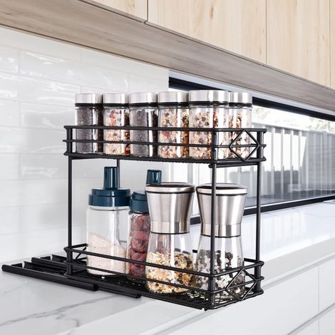 Organisateur à épices coulissant, Lumten, étagère à épices à 2 niveaux pour cuisine, rangement et organisation sous évier avec 3 crochets (noir) Lumten (1/5)