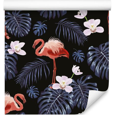 Papel pintado con flamencos, hojas, flores y naturaleza para salón y dormitorio, 50x1000 cm. (1/5)