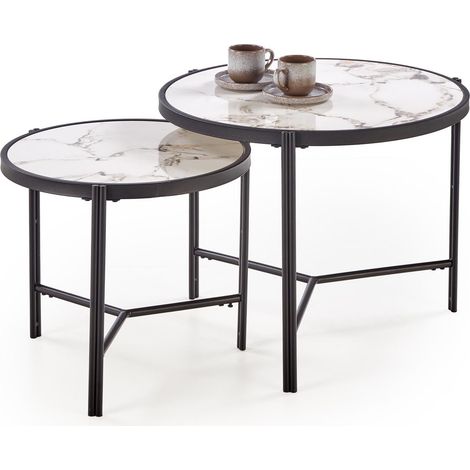 Conjunto mesa de centro Houston 1867, Mármol blanco + Negro, 63x0x0cm, Diámetro: 50, Piedra sinterizada, Redonda