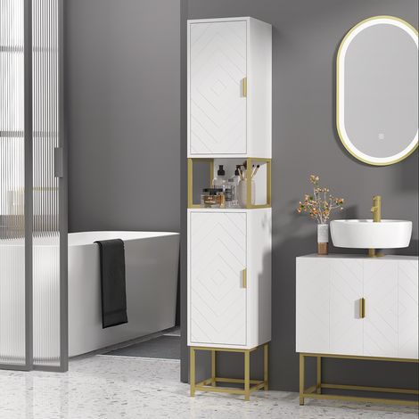 Colonna contenitore per bagno con nicchia e 2 armadietti, ripiano regolabile, gambe in acciaio.