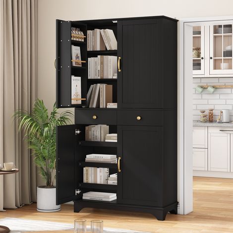 Credenza alta 77 x 40 x 181 cm mobile dispensa da cucina con cassetti e ripiani regolabili per soggiorno e sala da pranzo in mdf moderno nero