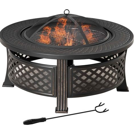 CHICFURN Braciere da giardino rotondo 81x81x50 cm in acciaio nero con paraspruzzi e attizzatoio (1/5)