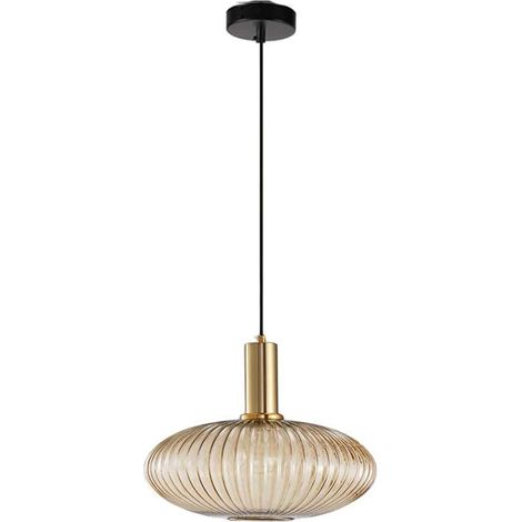 Lampe Suspendue - Verre Ambre Et Cuvette En Cuivre Doré - Douille E27 - Pour Salle À Manger Salon Cuisine Couloir Café Hôtel - 1 Pièce