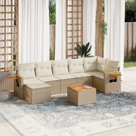 Ensemble Salon Jardin 8 Places Résine Tressée Beige avec Table Acacia et Coussins Crème - Modulaire Confort Extérieur (1/5)