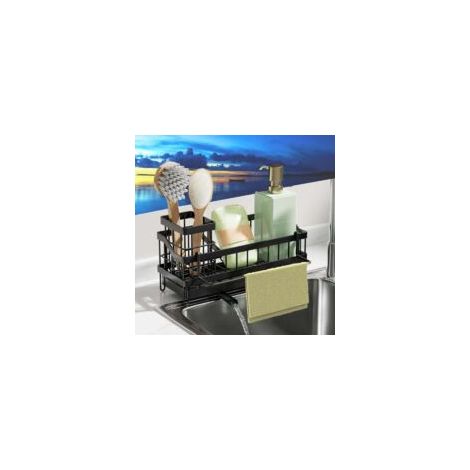 Organizador de fregadero, soporte para esponja de fregadero de acero inoxidable con soporte para cepillo extraíble, divisor extraíble, almacenamiento y organización de cocina, negro-crezuo