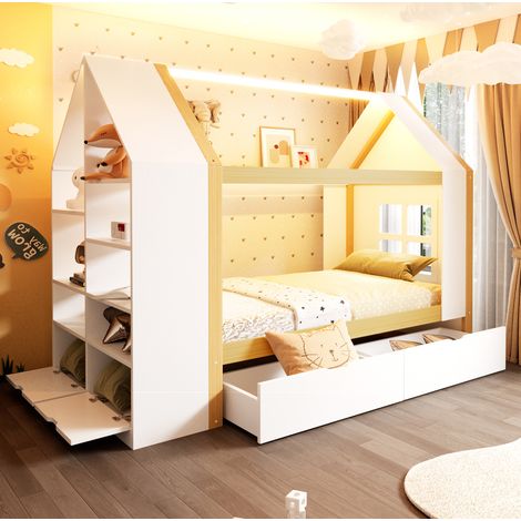 Lit cabane 90/200 cm en bois massif blanc/naturel avec LED et rangements (1/5)