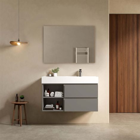Mobile bagno sospeso 100 cm Grigio Londra Lavabo a Destra in Resina Specchio Quadro - Fiji Paint Plus (1/4)