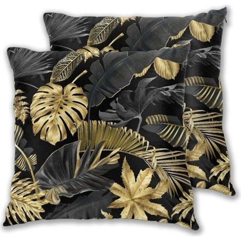 2er-Set Kissenbezüge 45 x 45 cm, goldene und schwarze tropische Blätter auf dunklem Hintergrund, dekorative Kissenbezüge mit unsichtbarem Reißverschluss FLITI