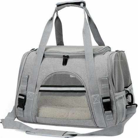 Sac de transport pour chat, cage pliable et respirante avec sangles réglables, idéal pour chatons, chiots et lapins, gris (1/4)