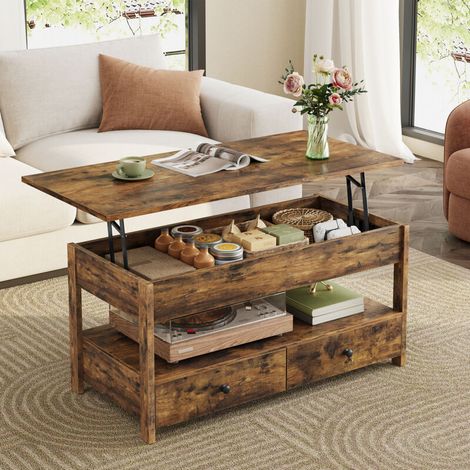 Table basse havenlyhome avec plateaurelevable, table de salon avecetagere,compartiment cache, pour salonbureau,106x49x48 cm, brun
