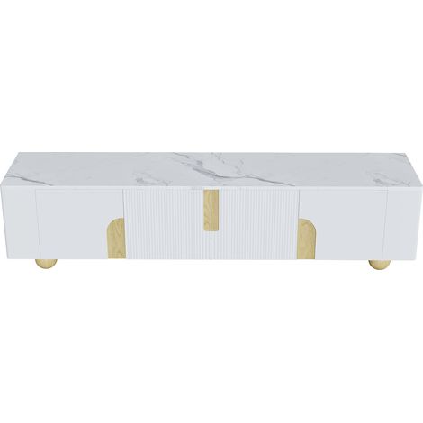 ELVMI Meuble TV avec 4 Portes, Surface Effet Marbre, pour Salon, en MDF et Panneaux de Particules, 180×40×44 cm, Blanc et Bois (1/5)