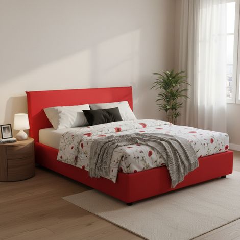 Talamo Italia Cama matrimonial Azue, Cama contenedor con revestimiento de tela, 100% Made in Italy, Apertura frontal, adecuado para colchón Cm 140x190, Rojo, con embalaje reforzado (1/5)