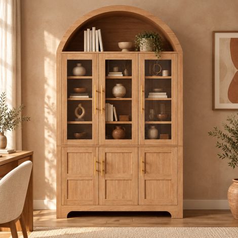 Vaisselier vitrine 110 x 40 x 185 cm en MDF naturel avec rangement FloraGrace