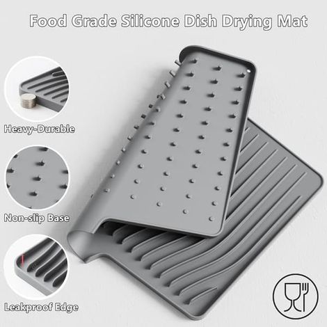 Tapis de séchage incliné en silicone, antidérapant, résistant à la chaleur (230 °C), tapis à séchage rapide pour plans de travail, éviers, égouttoirs à vaisselle (noir, 48 x 35 cm) (1/4)