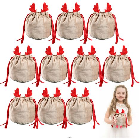 Sac de Noël à cordon avec bois de cerf, emballage cadeau, décoration de Noël, pochette festive (1/5)