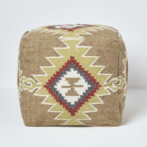 HOMESCAPES Braun und Orange gemusterter Kelim-Pouf Jaipur im Boho-Look, 43 x 43 x 43 cm