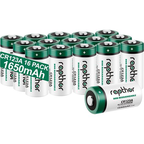 Pile au Lithium CR123A 3V [Pack de 16 1650mAh] pour appareils Photo, Lampes de Poche, Haute capacité avec Protection PTC [Non Rechargeable] (1/5)