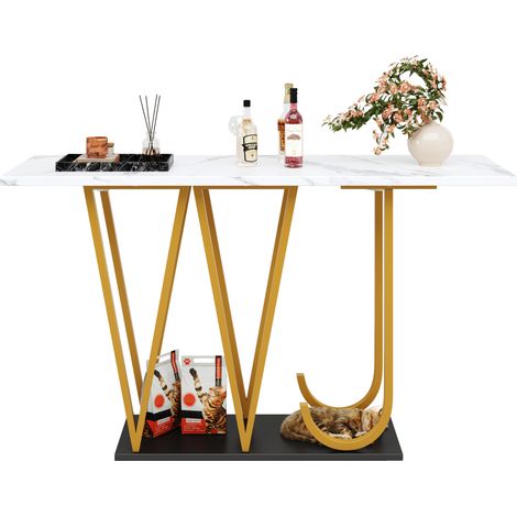 Table de salle à manger 120 x 29,5 x 80 cm avec plateau effet marbre et pieds métal doré (1/5)