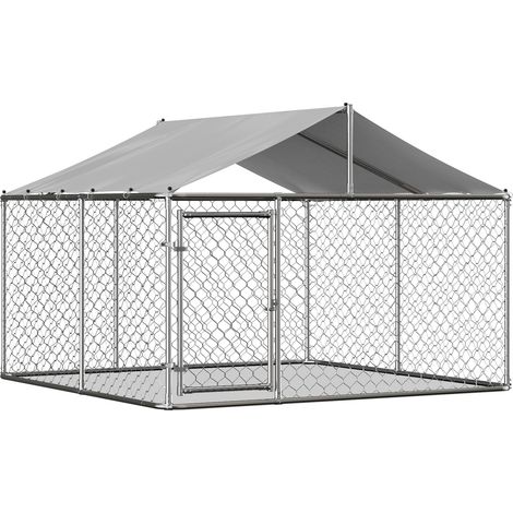 Chenil pour chien extérieur 230 x 230 x 117 cm avec toit, structure en acier galvanisé 32 mm, porte verrouillable, bâche PE imperméable pour jardin - CHICFURN (1/5)