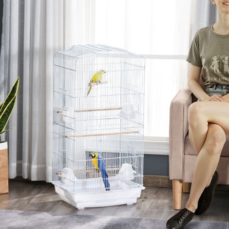 Pawhut Cage à oiseaux volière avec mangeoires perchoirs plateau excrément amovible cage pour canaris perruches perroquets 46.5 x 35.5 x 92 cm blanc