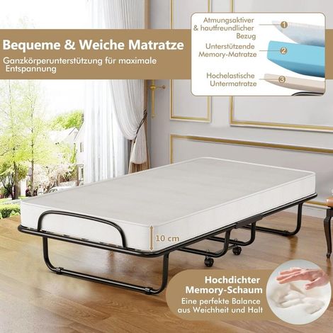 Ensemble 190x80cm Lit Pliant 1 Place avec Matelas Mémoire de Forme pour Invités Cadre Acier et 4 Roulettes (1/5)