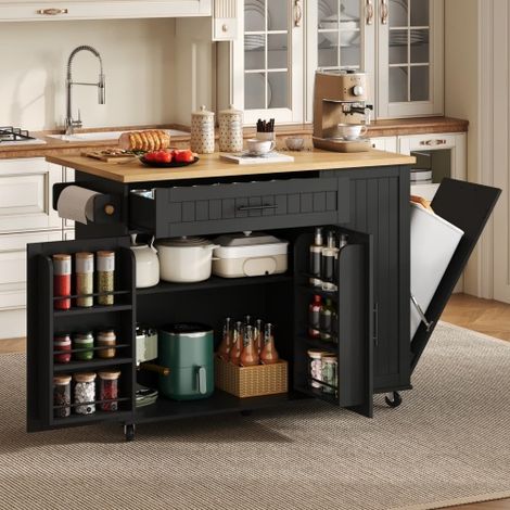 Isola cucina mobile con piano di lavoro pieghevole, carrello, armadietto contenitore, mobiletto per pattumiera, ripiano sopra l'anta, ruote bloccabili, 130 × 45 (70) × 93 cm. (1/5)