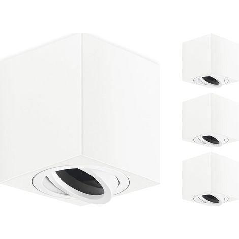 Spots GU10 en Saillie Blanc, 80x84mm Spots Plafond Carrés, Orientables 30°, Plafonnier 230V avec Douille GU10, Spots de Surface en Aluminium, Sans Ampoules, 4 Pièces (1/5)