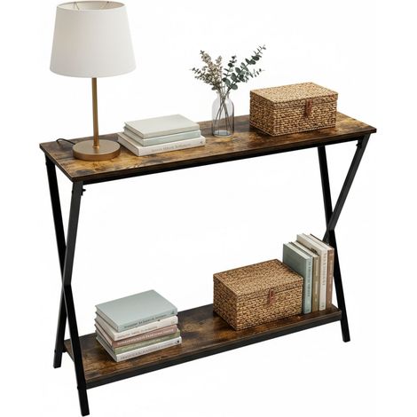 Mesa consola Relaxdays, 80 x 100 x 30 cm, metal, MDF, consola estrecha, mesa con 2 estantes, marrón/negro