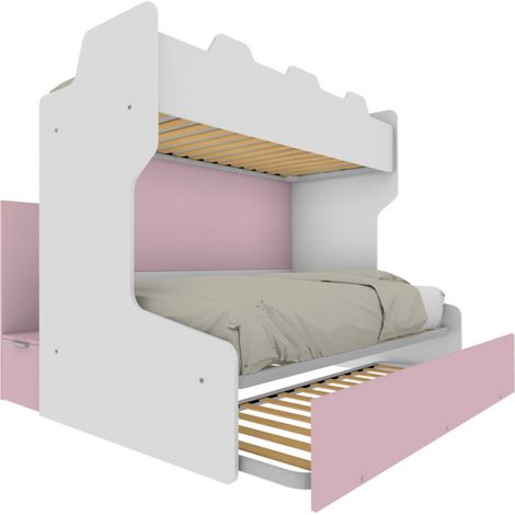 Letto a castello salvaspazio con scala contenitore - 1 Piazza e mezza + singolo - bianco e cipria