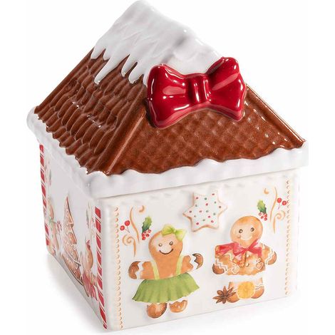 Barattoli / biscottiere / contenitori portadolci ad uso alimentare in ceramica a forma di casetta pan di zenzero, set da 2 pezzi, cm 13 x 13 x 16 H