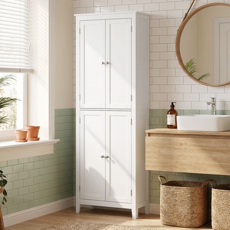 Colonne Salle de Bain Rangement, 4 Portes, Étagères Réglables, Blanc, Gain de Place (1/5)