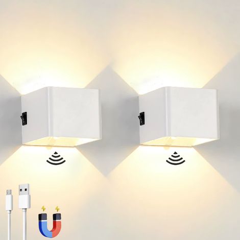 Lot de 2 appliques murales LED rechargeables avec détecteur de mouvement, lampe murale magnétique sans fil, 2 modes d'éclairage, blanche (1/5)