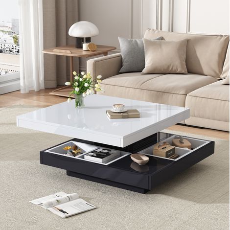 Table basse carrée 70x70x36 cm blanc et noir en panneau de particules avec plateau pivotant et rangement (1/5)