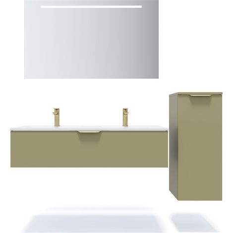 Meuble de salle de bain suspendu double vasque intégrée 120cm 1 tiroir Vert olive + miroir + colonne ouverture droite - Venice (1/5)