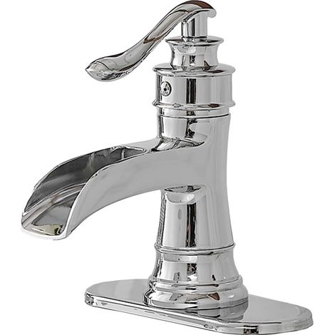Robinet de salle de bain BWE chromé effet cascade, 1 trou, robinet de lavabo monocommande pour meuble-lavabo de style ferme, construction en laiton massif (sans bonde escamotable) (1/5)