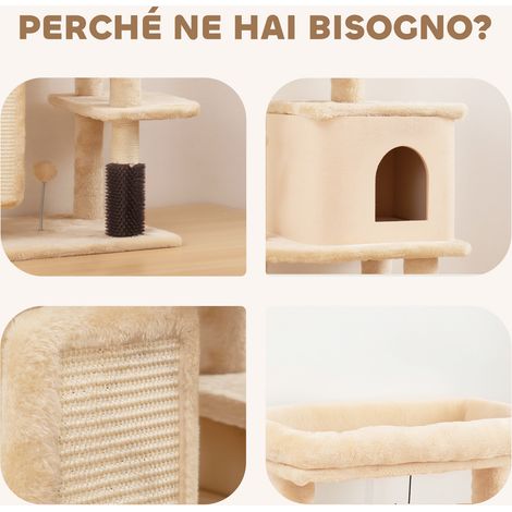 Arbre à chat multi-étagé beige, 132 cm, avec cabane, hamac, griffoirs, brosse et balle.