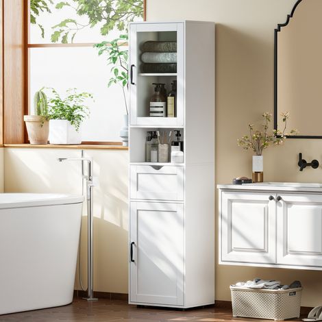 Colonne salle bain Blanc étroite porte verre étagères réglables tiroir étagère ouverte 40x30x165 cm