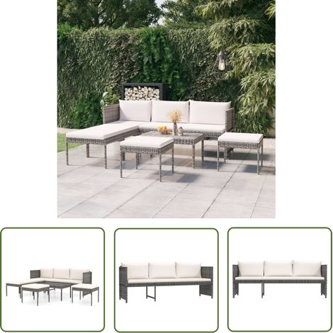 The Living Store 6-tlg. Garten-Lounge-Set mit Kissen Poly Rattan Grau - Gartengeräte - Gartenmöbel - Loungeset - Rattan Möbel - Gartenloungesessel (1/5)