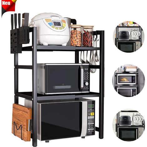 Mensola da cucina estensibile a 2 ripiani in metallo con accessori completi, 6 ganci, 66x33x78 cm, nera (1/5)