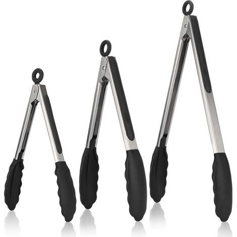 Kitchen Tongs Set of 3 Barbecue Tongs in 18/8 Stainless Steel Kitchen Utensils with Heat Resistant Silicone Handle 315℃ Non-stick Buffet Tongs, BPA Free (Black) (1/5)