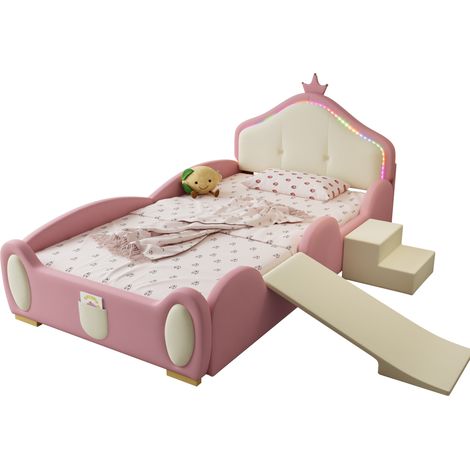 CHICFURN Letto per bambini imbottito 90x200 cm PU rosa e beige con LED, scivolo e scala (1/5)