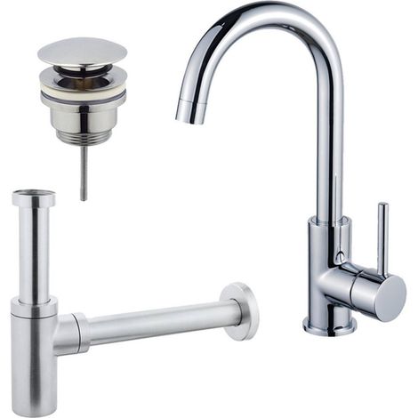 Fortifura Calvi Kit robinet lavabo - robinet haut - bec rotatif - bonde clic clac - siphon design - Chrome brillant