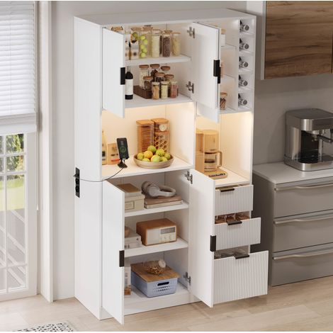 Credenza da cucina alta, 180 cm, con illuminazione a LED, porte USB Type-C, vano portabottiglie, ripiani regolabili, 5 ante, 3 cassetti, bianca, MDF (1/5)